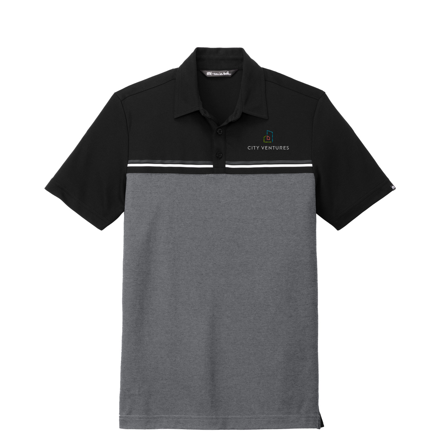 TravisMathew Sunset Blocked Polo — Black/ Dark Grey Heather